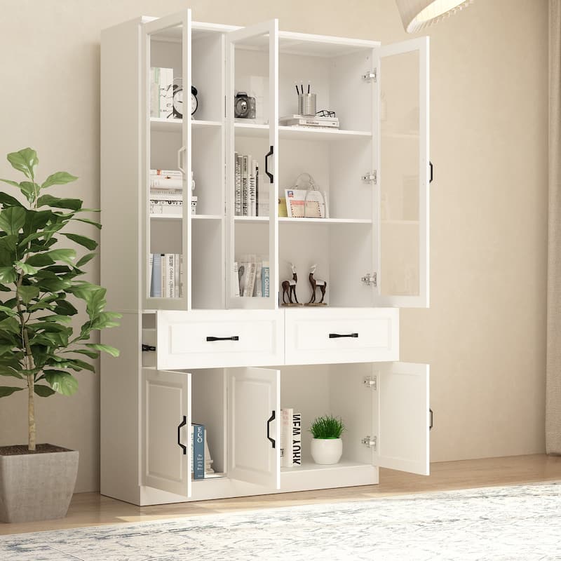 78.7" Large Combo Storage Cabinet Display Bookcase Glass Doors Pantry