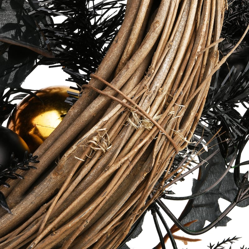 National Tree Company Halloween Artificial Wreath, Black, Decorated with Black and Orange Ball Ornaments, Leaves, 24 Inches
