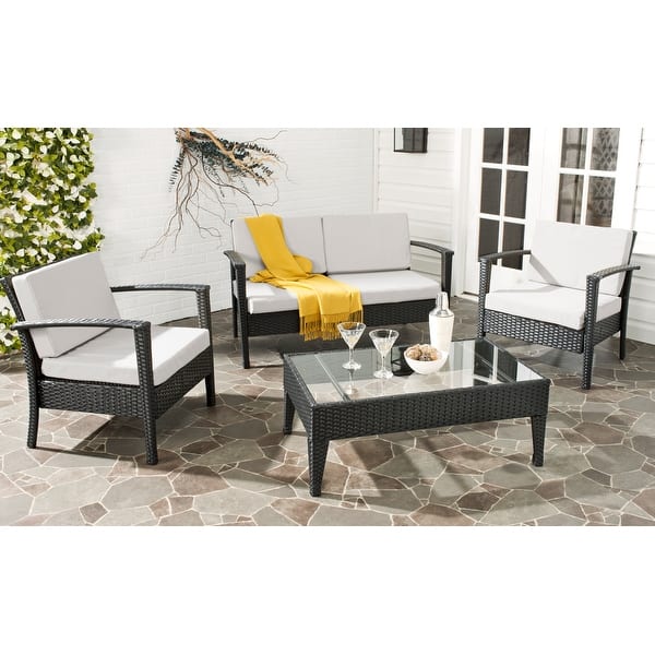 slide 2 of 4, SAFAVIEH Outdoor Living Cushioned Brown Glass Top 4-piece Patio Set