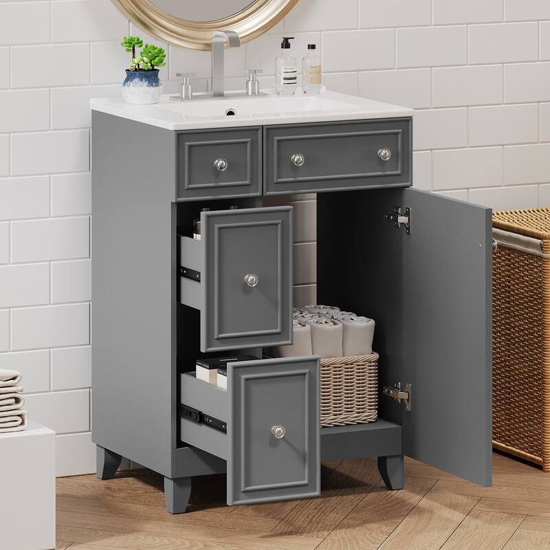 Bathroom Vanity with Sink, Small Bathroom Storage Cabinet with Ceramic Basin, Single Vanity with 2 Drawers and Door - Gray