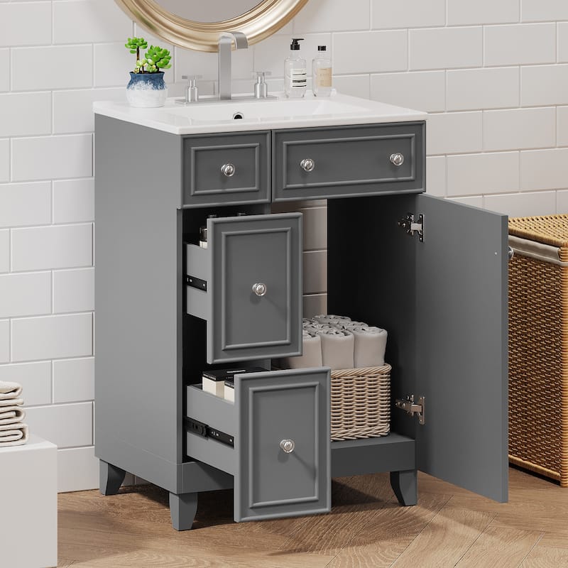 GDFStudio - Luna 24" Bathroom Vanity Cabinet with Ceramic Sink, 2 Drawers & Door