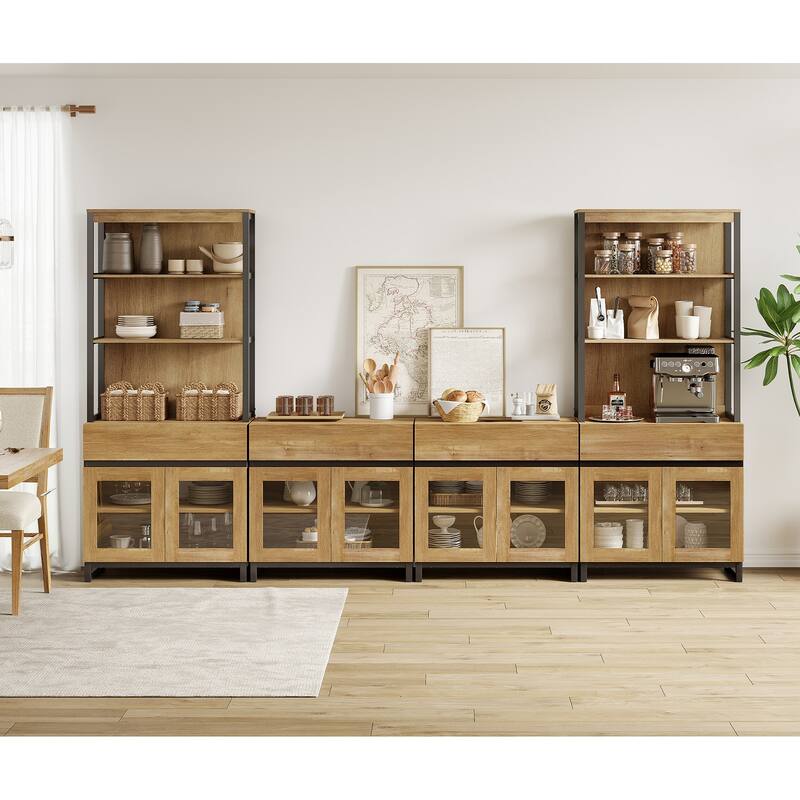 Modern Farmhouse Buffet Cabinet with 3 Tiers and 4 Cabinets, Wooden Sideboard for Dining Room or Kitchen