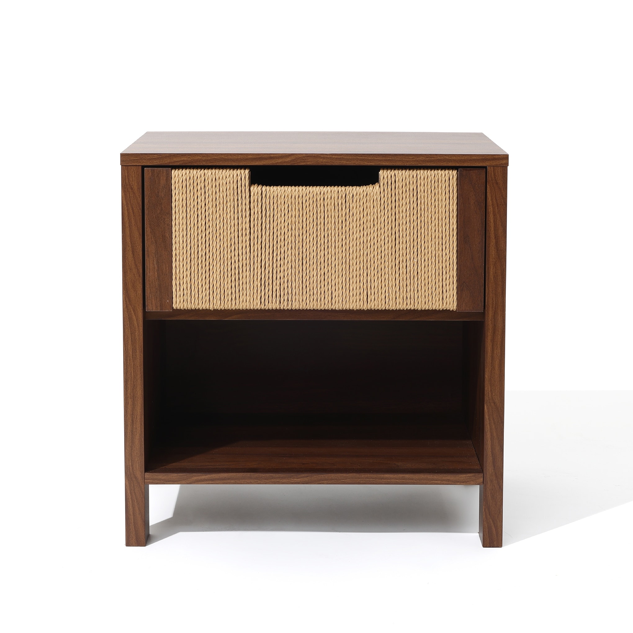 Walnut Finish MDF Wood with Rope Front 1-Drawer Nightstand and End Table