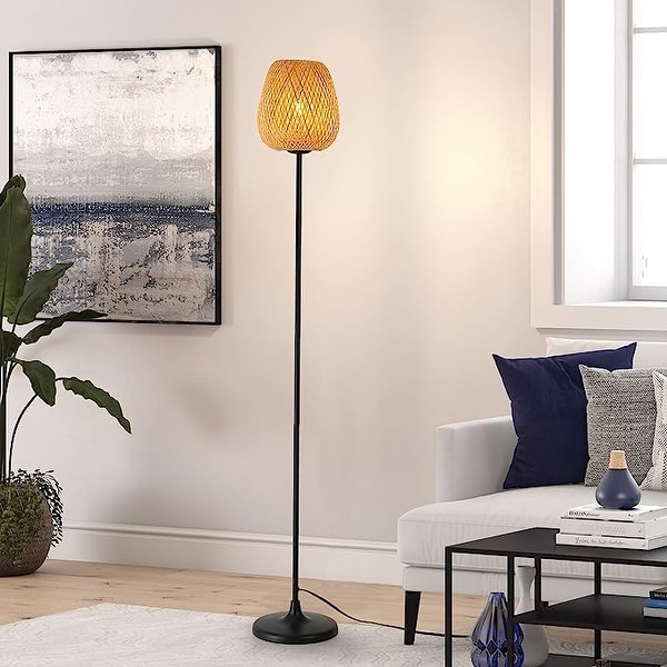 Rattan Bamboo Woven Japanese Floor Lamp Contemporary Boho Ambient Wicker Standing Light Plug in Cord for Living Room Black On Sale Bed Bath Beyond 38139568