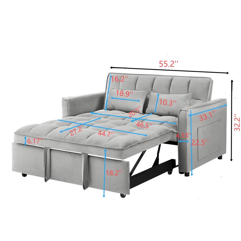 3-in-1 Modern Convertible Velvet Double Futon Sofa Bed with 2 Pillows