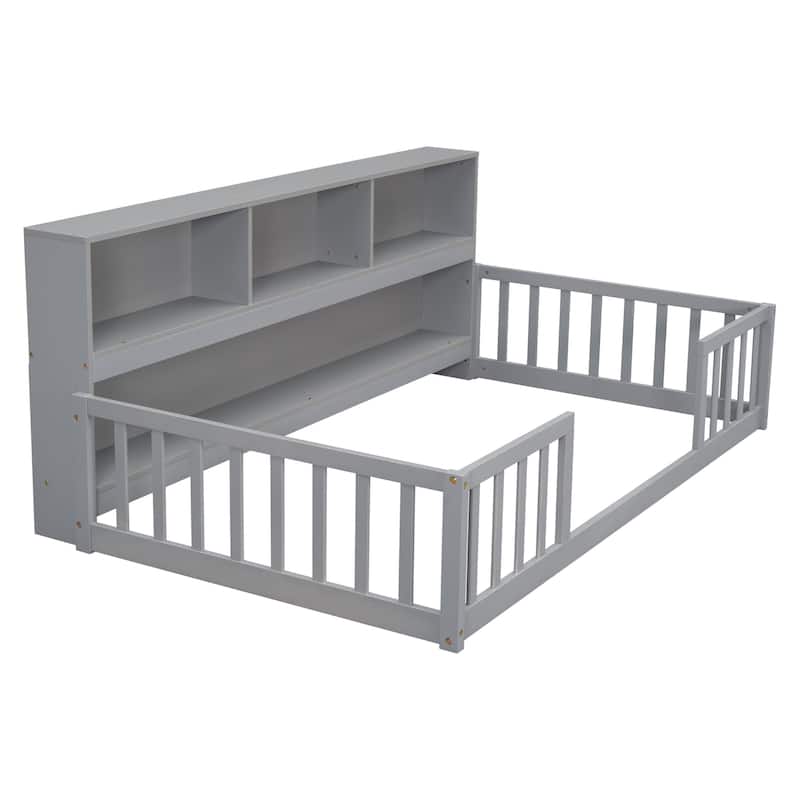 Wooden bed floor bed with bedside bookcase and shelves