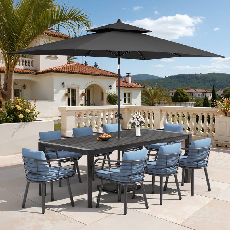 9/11-Piece Outdoor Dining Set w/10 ft Umbrella and Base Aluminum Dining Table and Chairs with Sunbrella Cushions - Set of 11 - Black Table with Black Umbrella