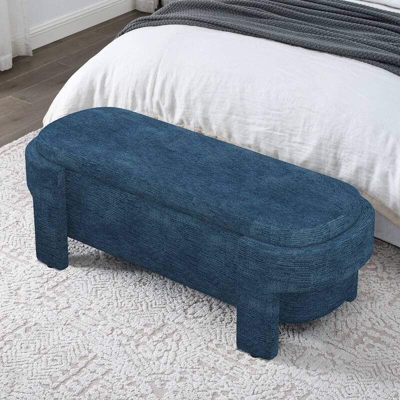 Linen Fabric Upholstered Bench with Large Storage Space - Dark Blue