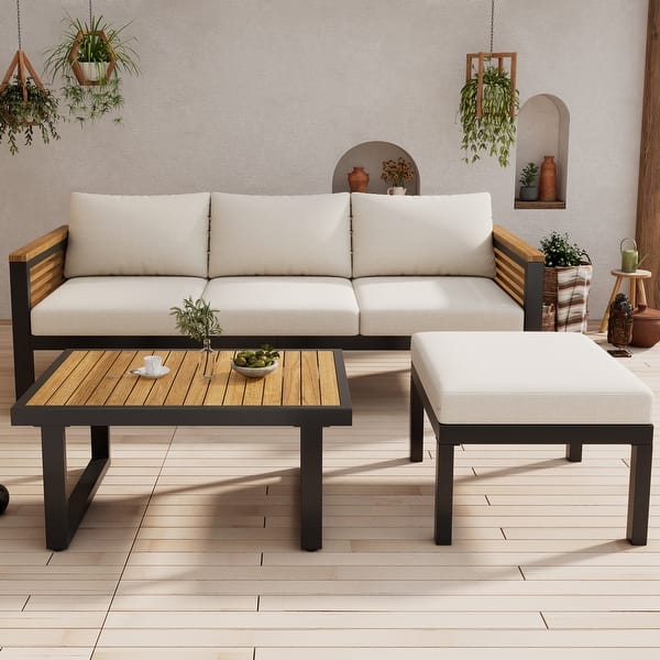 slide 2 of 17, Christopher Knight Home - Mason 3-Piece Acacia Wood and Metal Patio Sofa Set for Stylish Outdoor Comfort
