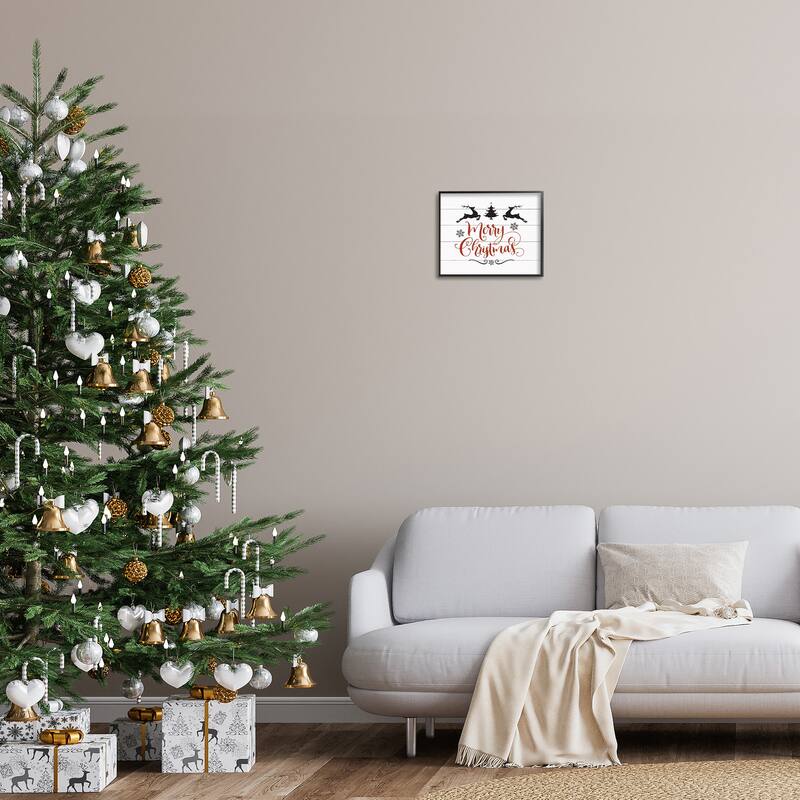 Stupell Merry Christmas Reindeer Black White and Red Framed Art, Design By Artist Lettered and Lined