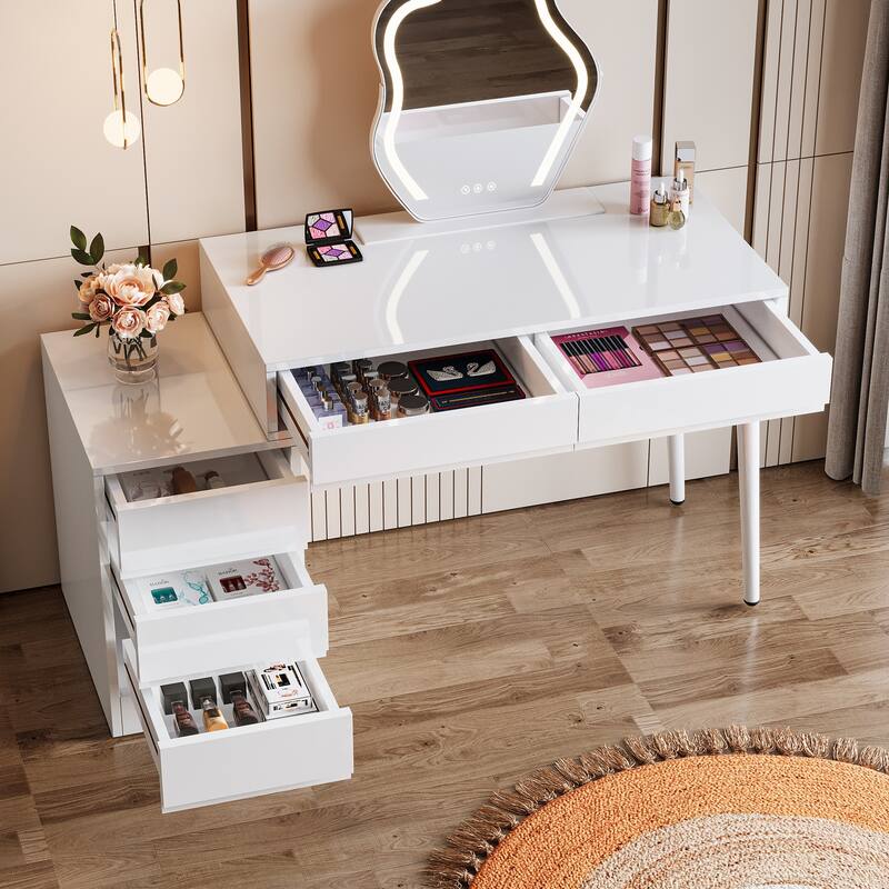 Reversible Computer Desk with Drawers, Modern Home Office Desk with Storage Drawers