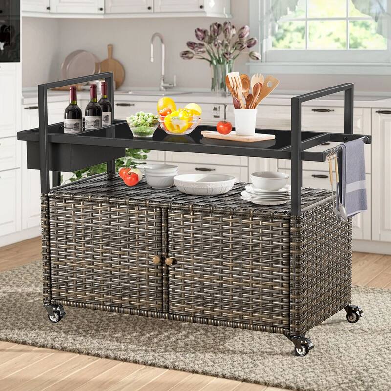 Outdoor Grill Cart Table with Wheels, Wicker Kitchen Island