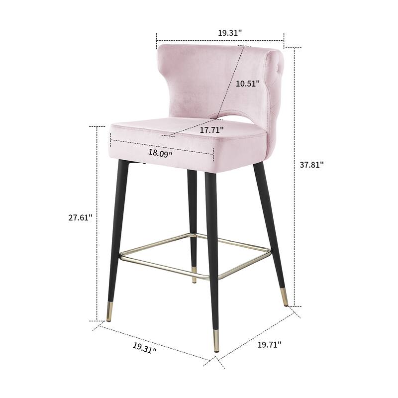 Mid-Century Modern Velvet Upholstered Barstools with Black Metal Legs