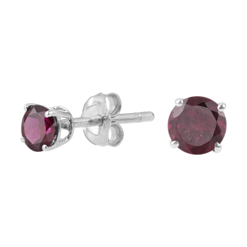 Sterling Silver Round 4mm Gemstone Birthstone Stud Earrings - Red - Rhodolite