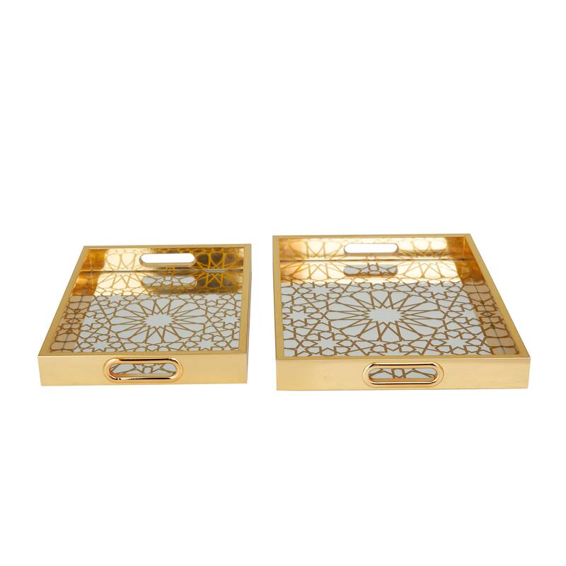 Polished Gold Plastic Mirrored Geometric Tray (Set of 2)