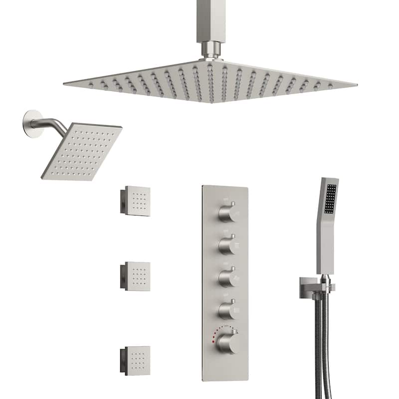 Dual Heads 16" Rainfall & High Pressure 6" Shower Head 3 Way Thermostatic Faucet System w/ 3 Body Jets