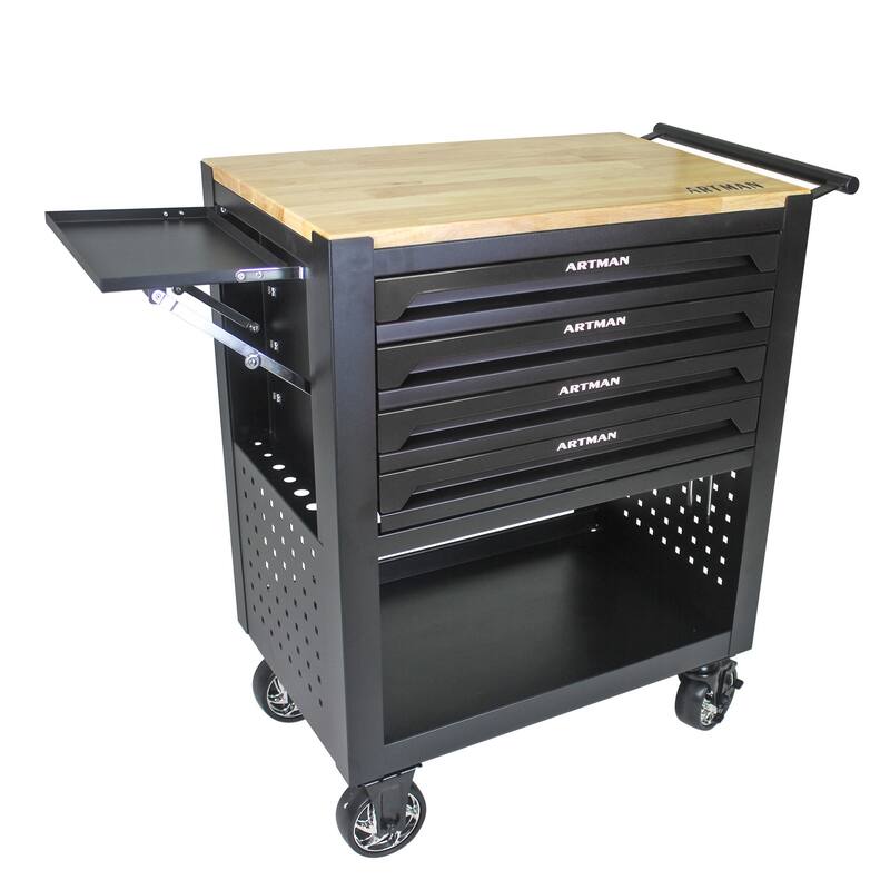 4 Drawers Multifunctional Tool Cart with Wheels and Wooden Top Multiple Uses - Home office or garage