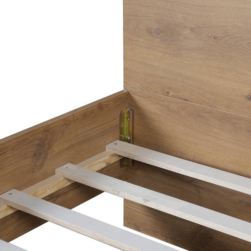 Queen Size Engineered Wood Bed Frame in Natural & Black, Geometric Headboard Design