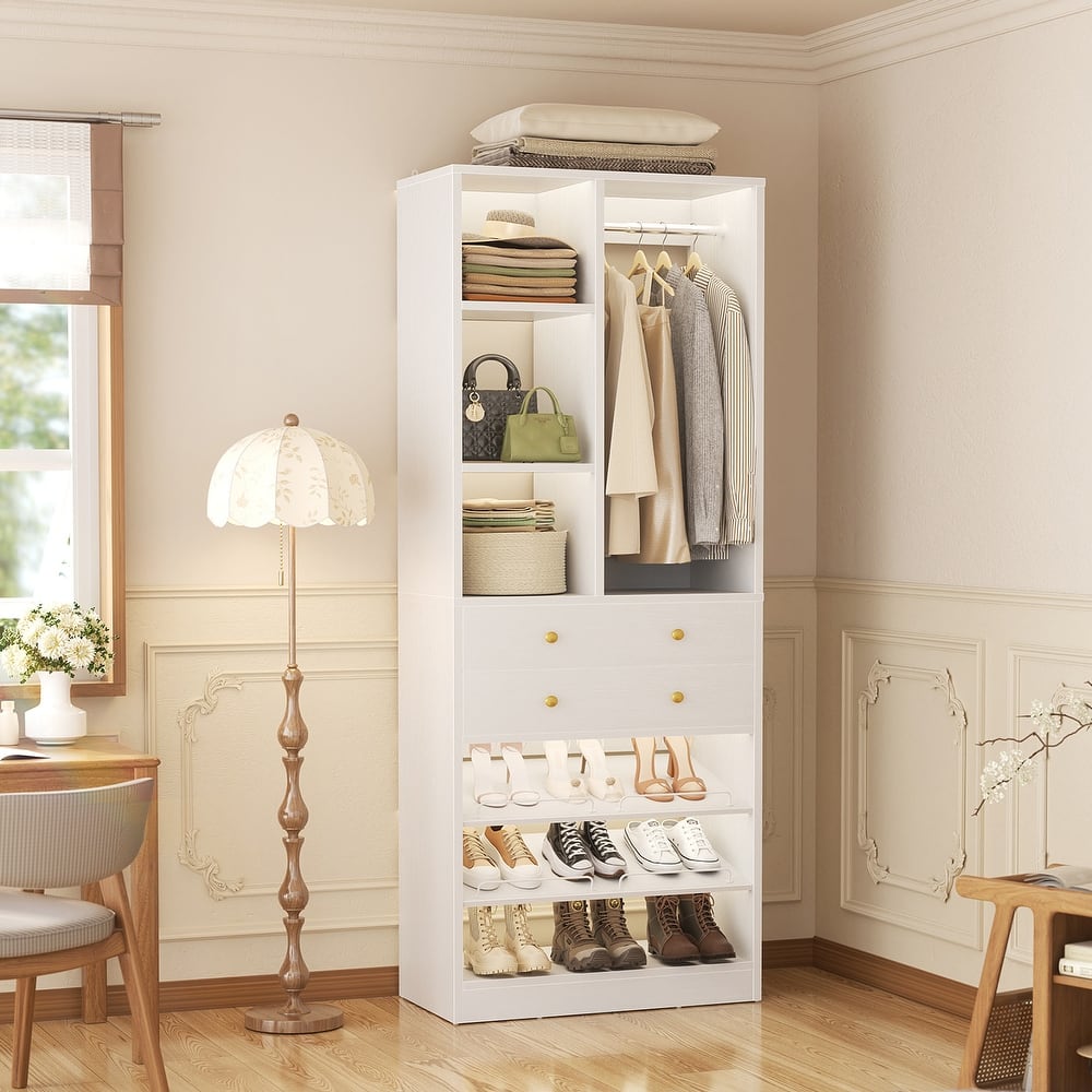 Grimm 28'' Closet Organizer with Shoe Racks and Drawers, Closet System with Hanging Rod and Adjustable Shelves