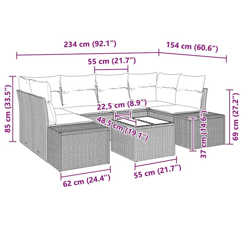 vidaXL 7 Piece Garden Sofa Set with Cushions - 92.1×60.6×27.2