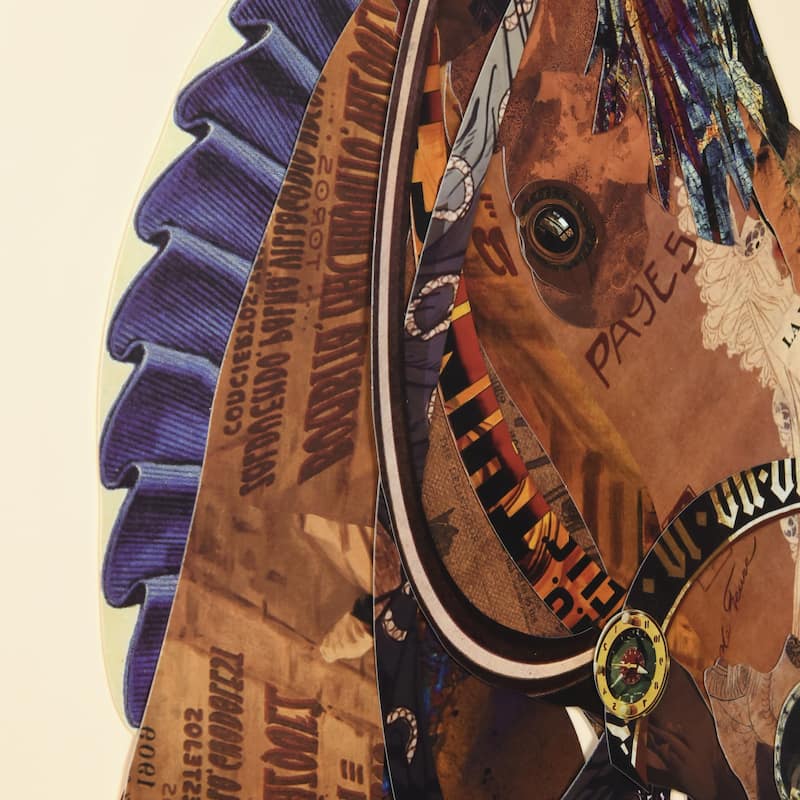 "Graceful Gallop" Alex Zeng's Signed Hand-made Dimensional Wall Art Collage, under glass and a black shadow box frame