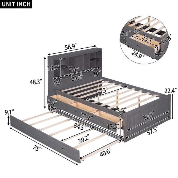 dimension image slide 1 of 2, Full Size Platform Bed with Trundle and Storage Headboard, Kids Bed Frame with Charging Station and 3-Drawers, Antique Brown