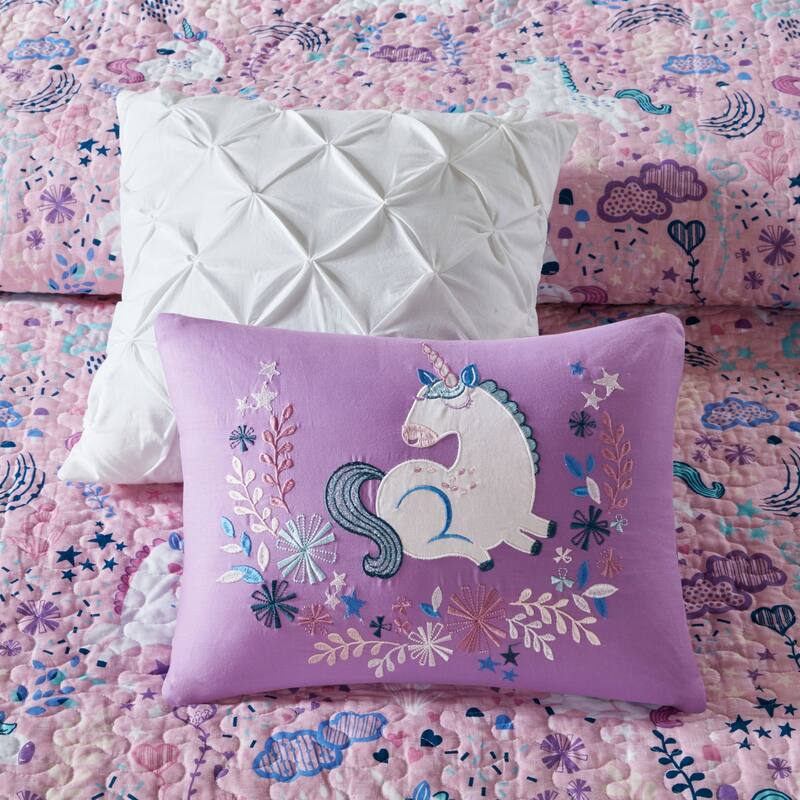 Intelligent Design Kids Ella Unicorn Reversible Cotton Quilt Set with Throw Pillows
