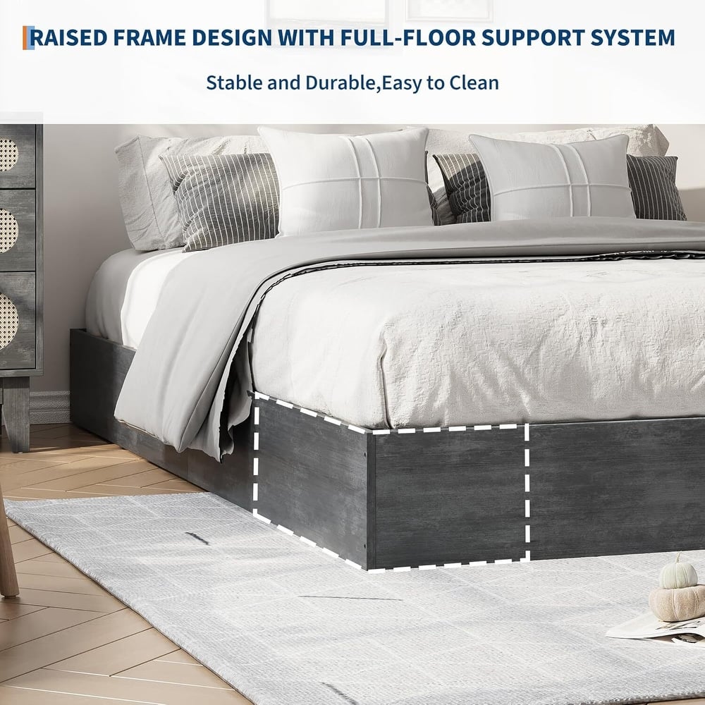 Space-Saving Sturdy Floor-Standing Platform Bed Frame, No Box Spring Needed, Black Grey