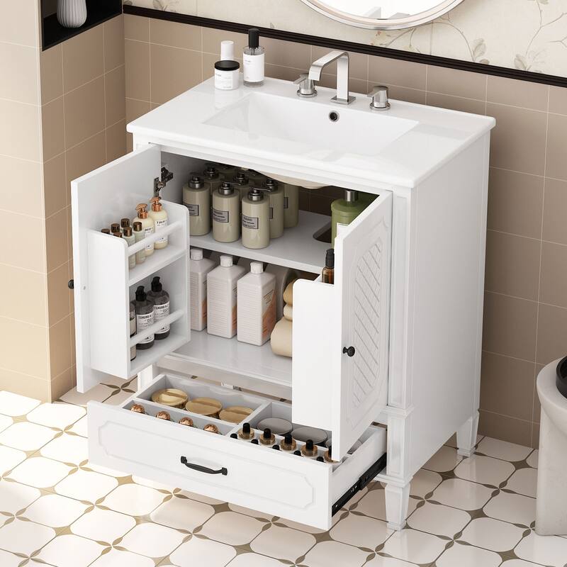30" Bathroom Vanity with Smooth Ceramic Sink, Adjustable Shelf, Vintage Style with Door Shelf and Drawer