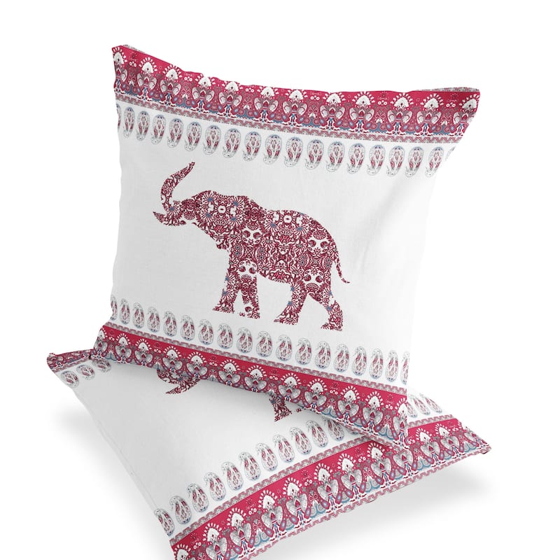 HomeRoots Set of Two 16" X 16" Red and White Elephant Blown Seam Paisley Indoor Outdoor Throw Pillow - 16.00' X '16.00' X '5.00