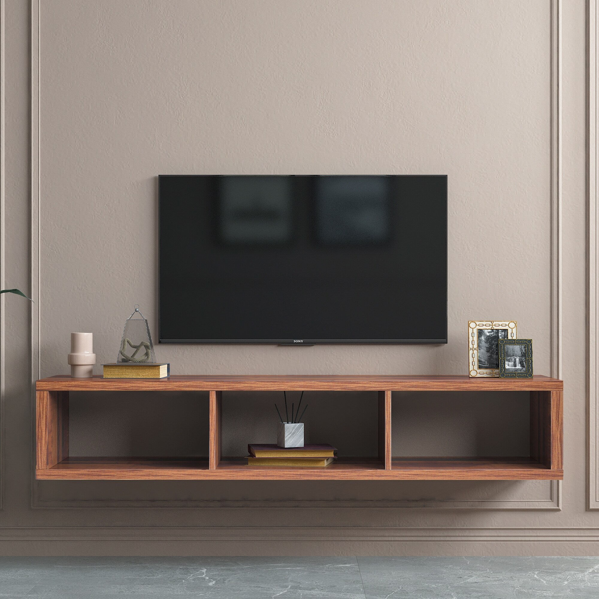 Brown Floating TV Shelf Wall Mounted Floating TV Stand Unit Media