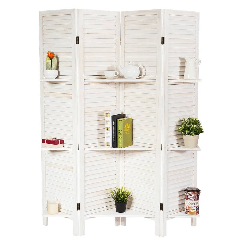 4 Panel 5.6 Ft Tall Wood Room Divider with 3 Display Shelves - White