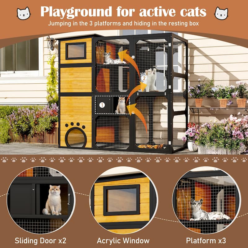 Catio Outdoor Cat Enclosure with Window Access, Outdoor Insulated Cat House for Multiple Cats, Cat Patio with Platforms
