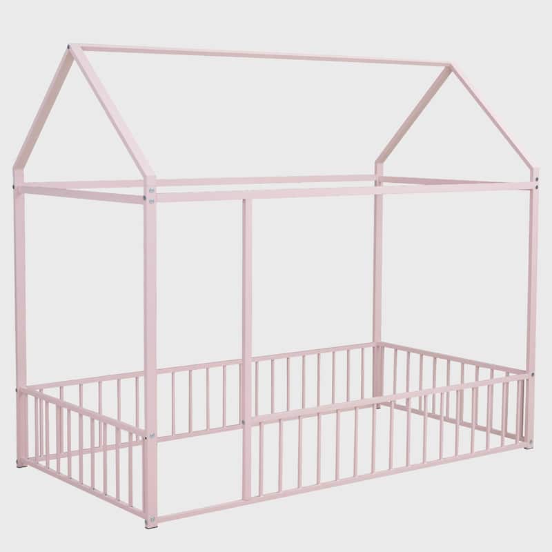 Twin Size Metal Bed House Bed Frame with Fence