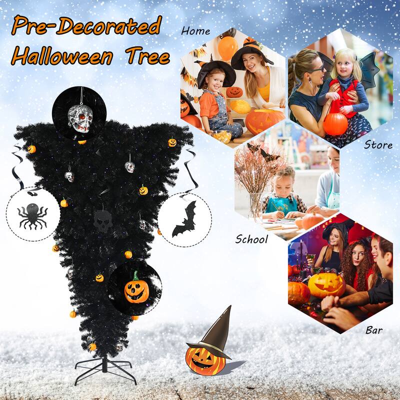 Gymax 6FT Pre-lit Upside Down Black Halloween Tree Artificial - See Details