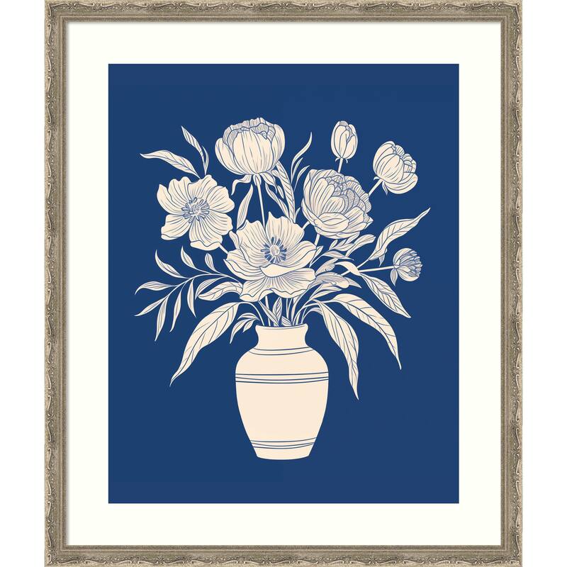 Flower Bouquet Vase on Blue by The Creative Bunch Studio Wood Framed Wall Art Print - Mila Dark Silver