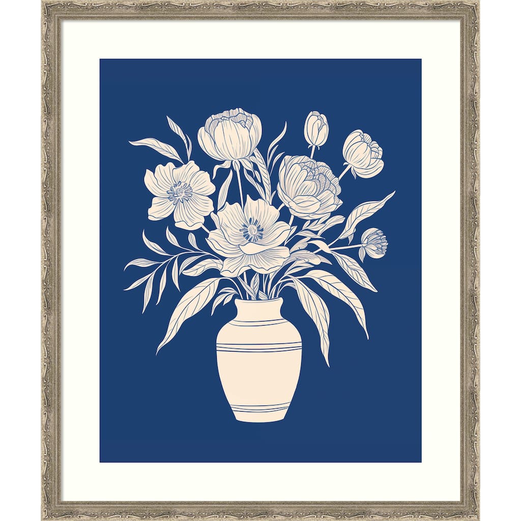 Flower Bouquet Vase on Blue by The Creative Bunch Studio Wood Framed Wall Art Print - Mila Dark Silver