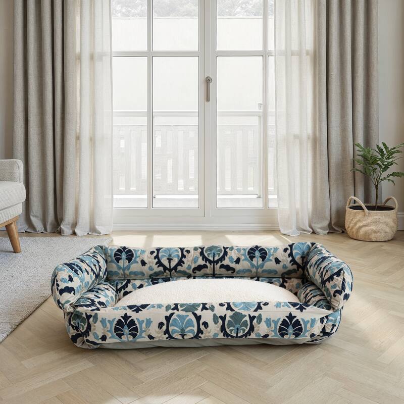 Cotton and Sherpa Pet Bed with Floral Design - 39.0"L x 26.0"W x 10.8"H - Blue