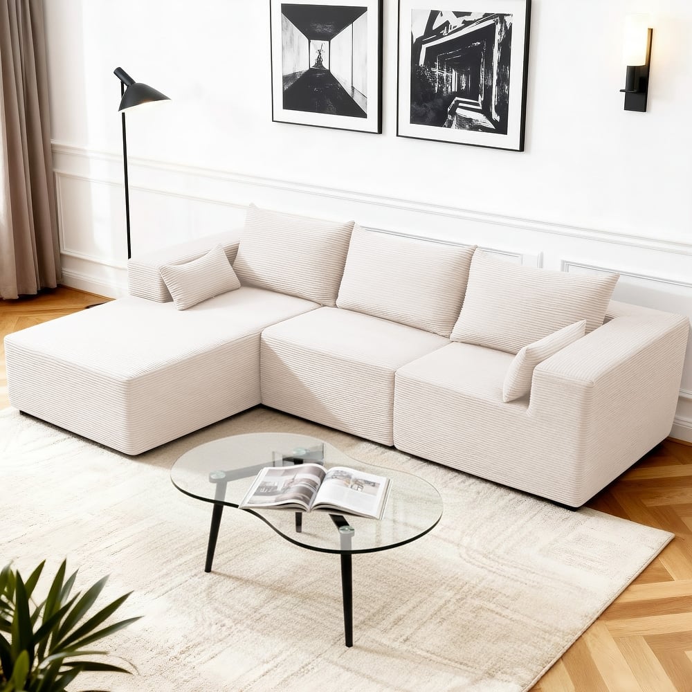 Oversized L-shaped Plush Corduroy Couch, Sectional Sofa with Deep Cushions and Chaise Lounge