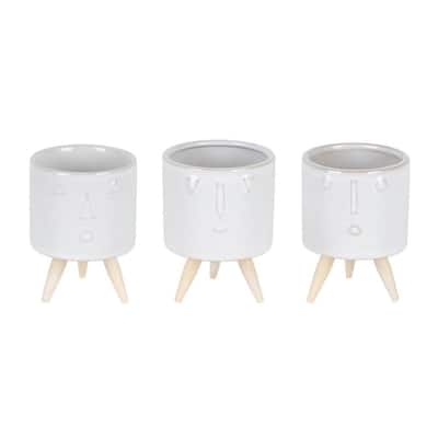 Porcelain Face Planter with Wooden Legs (Set of 3)