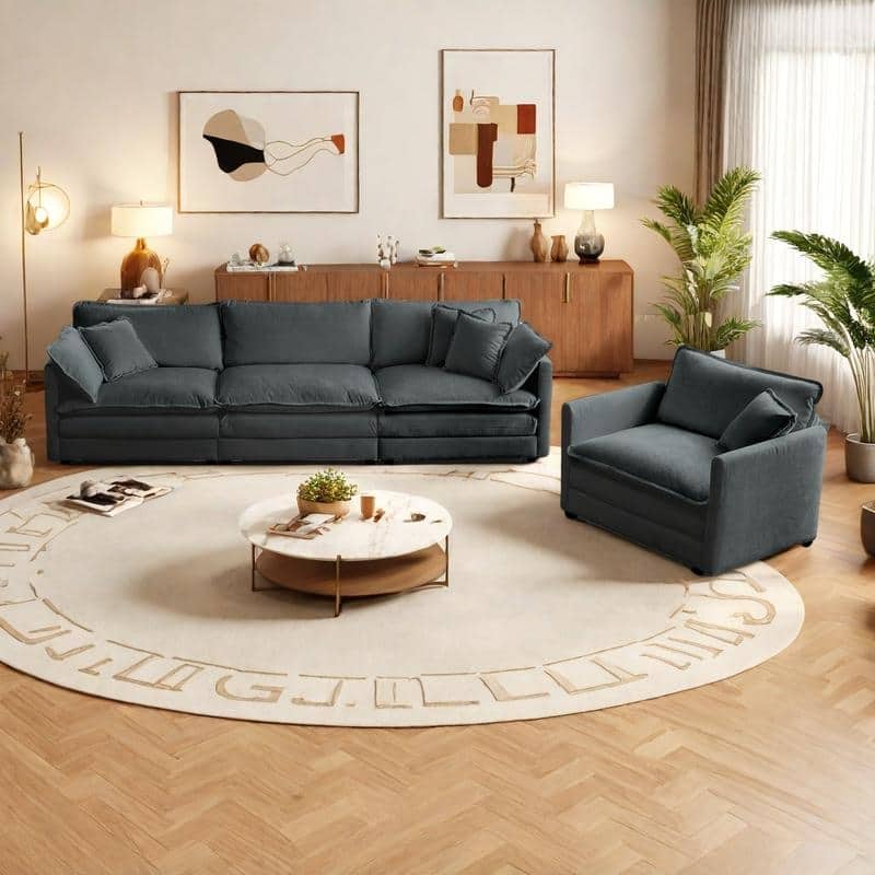 4-Seat Chenille Sectional Sofa Set (3-Seater + Accent Chair) with Deep Seats & Solid Wood Frame