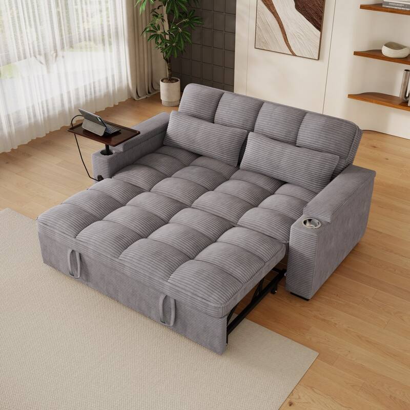 65'' Chenille 3-in-1 Folding Sectional Sofa with 360-Degree Swivel Side Table