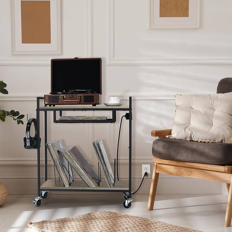 2 Tier Vinyl Record Player Table Stand with Charging Station