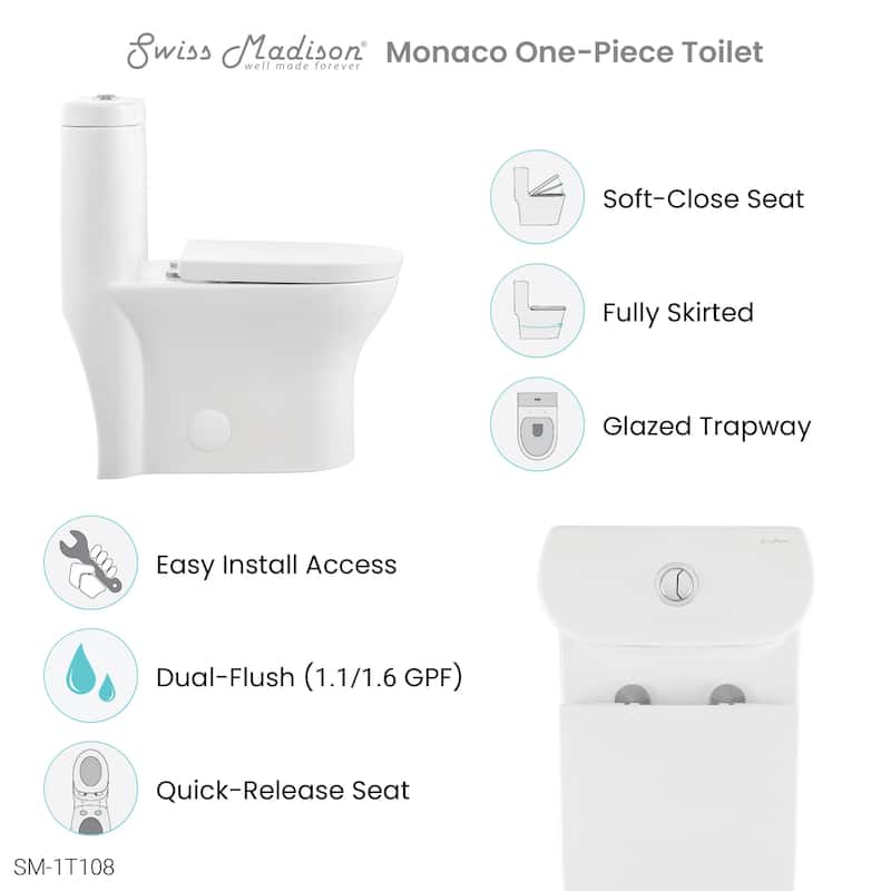 Swiss Madison SM-1T108 Monaco One Piece Elongated Dual 0.8/1.28 GPF Toilet - White