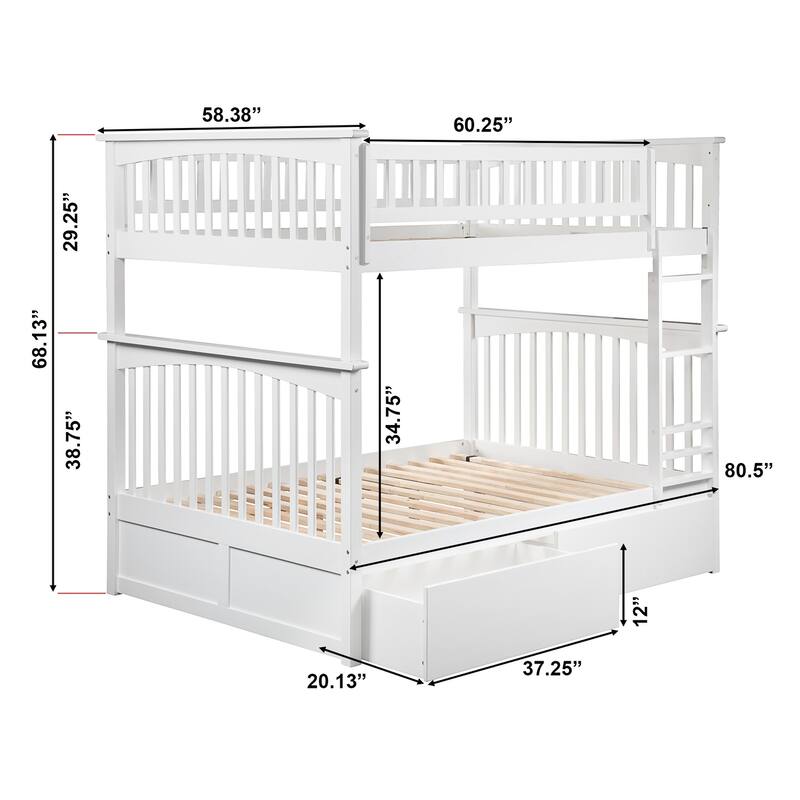 AFI Columbia Full over Full Size Bunk Bed with Bed Drawers and Charging Station in White