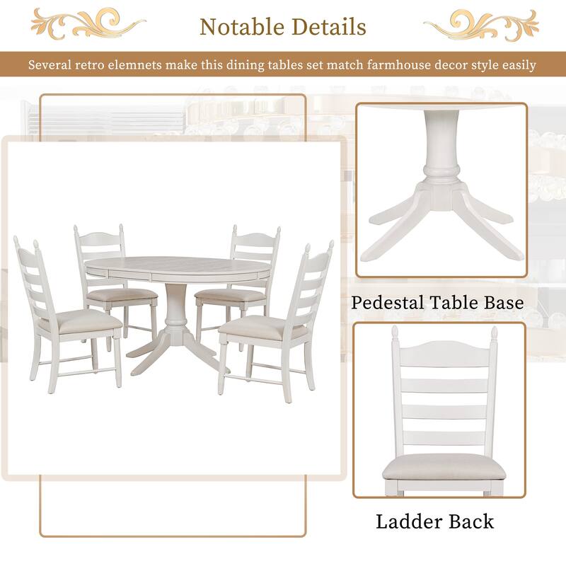 5-Piece Retro Functional Dining Table Set Wood Round Extendable Dining Table and 4 Upholstered Dining Chairs