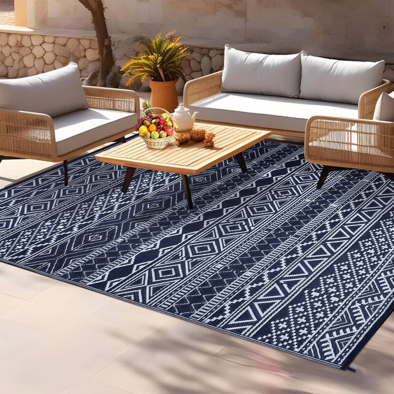 Outdoor Rug Waterproof Patio Rug Mat Geometric Rug Plastic Straw Outside Rug for RV Camping Picnic Reversible Rug