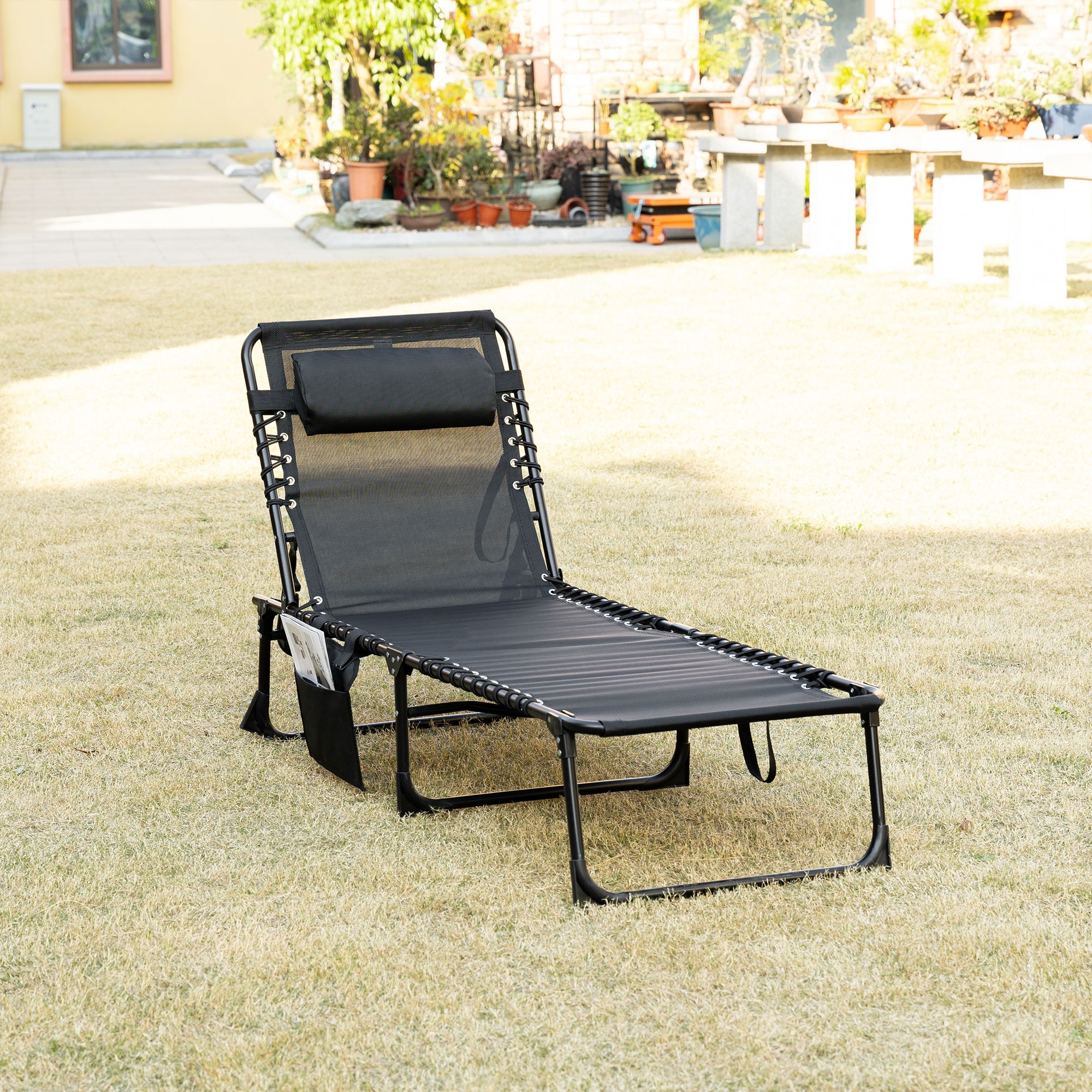 Outsunny Reclining Lounge Chair, Portable Sun Lounger, Folding Camping Cot, with Adjustable Backrest and Removable Pillow