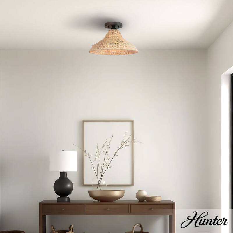 Hunter Agoura 14" Boho Rattan Flush Mount Ceiling Light - Kitchen, Bedroom, Hallway, Entry, Laundry Room - Transitional, Coastal