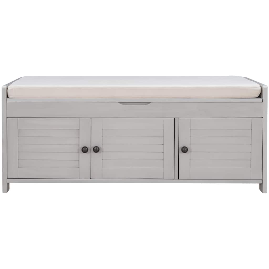 Storage Bench with 3 Shutter-shaped Doors, Removable Cushion and Hidden Storage Space - 43.5"L x 16"W x 18"H